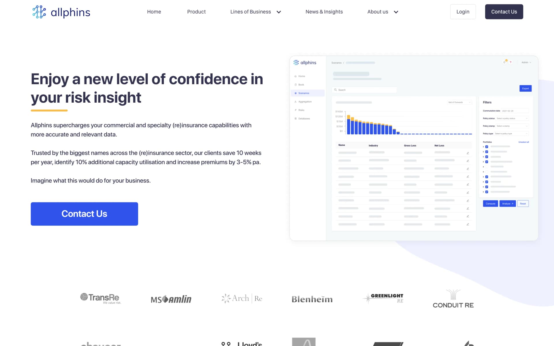 Allphins reinsurance analytics site home page, desktop and mobile views.