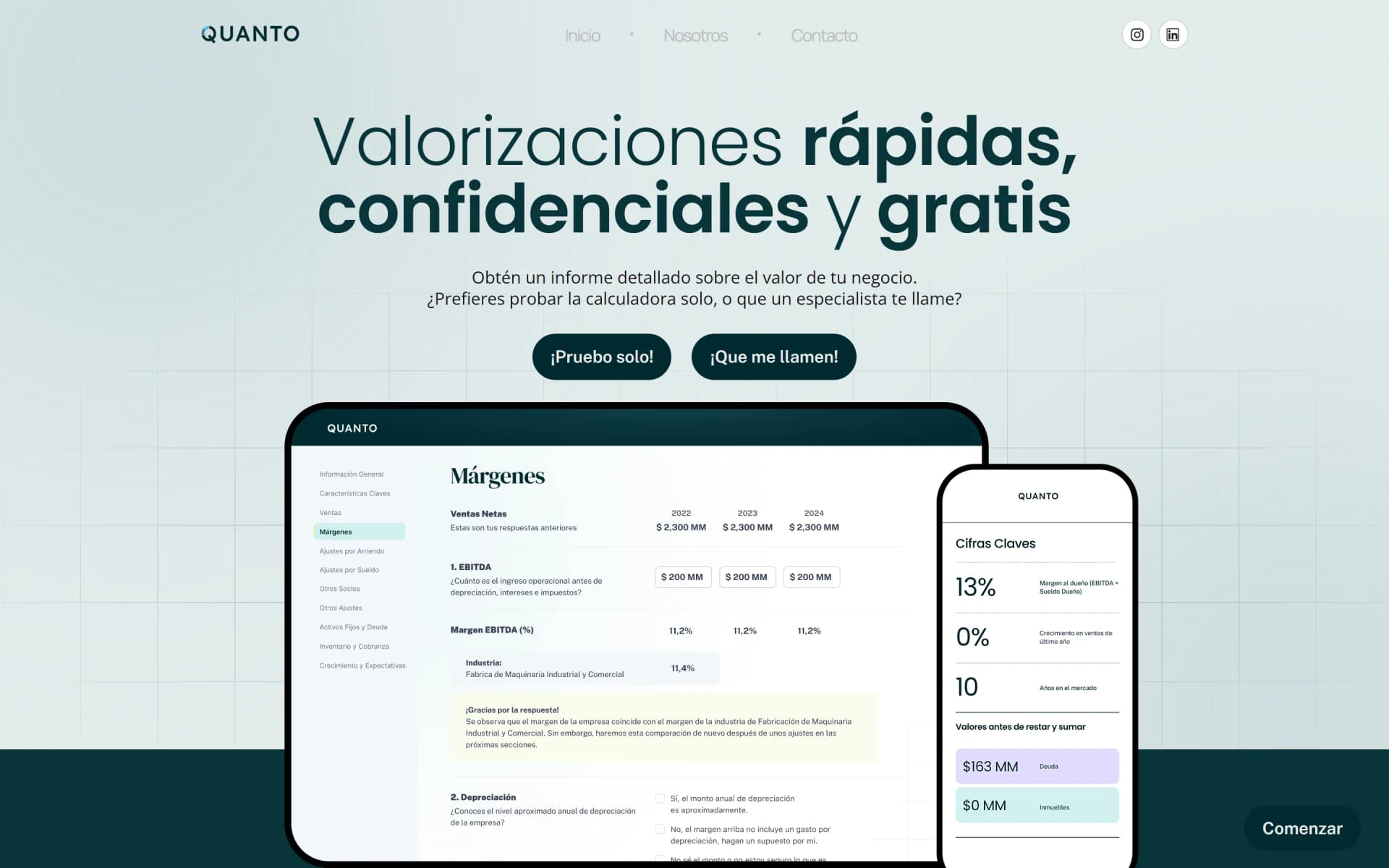 Quanto product site home page, desktop and mobile views.